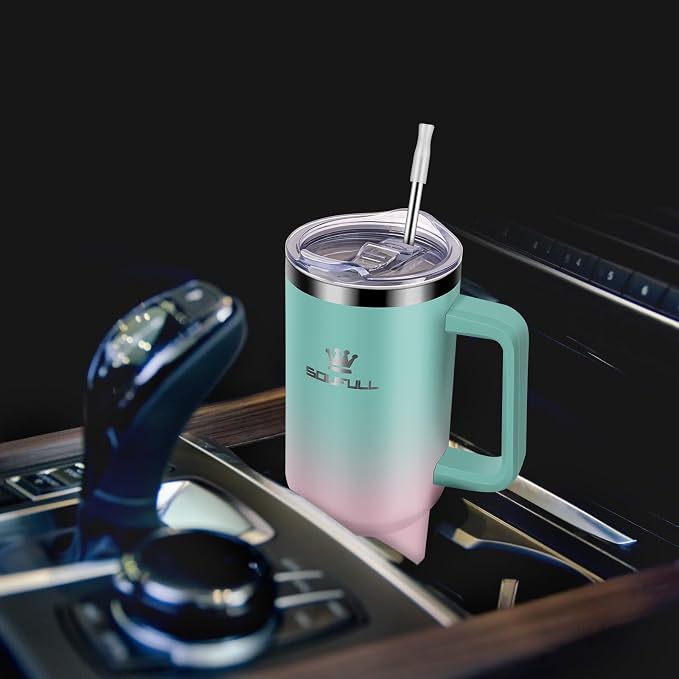 Soufull 40 oz Tumbler with Handle and Straw Lid, 100% Leak-proof, GreenPink | Stainless Steel Insulated Travel Coffee Cup, Keeps Cold 34Hrs or Hot 10Hrs, Dishwasher Safe