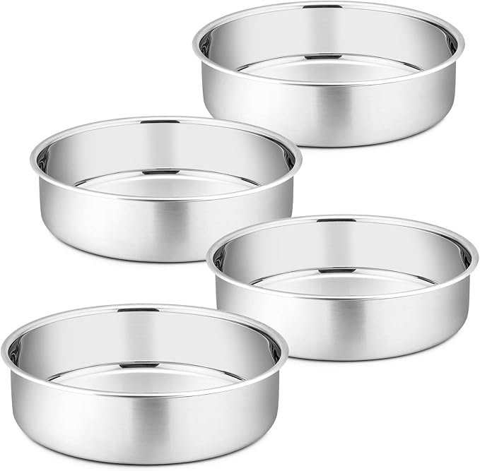 P&P CHEF 8 Inch Cake Pan Set of 4, Stainless Steel Round Cake Pans Tins | Baking Round Cake Bakeware for Birthday Wedding, Leak-proof & Mirror Finish & Easy Releasing, Dishwasher Safe