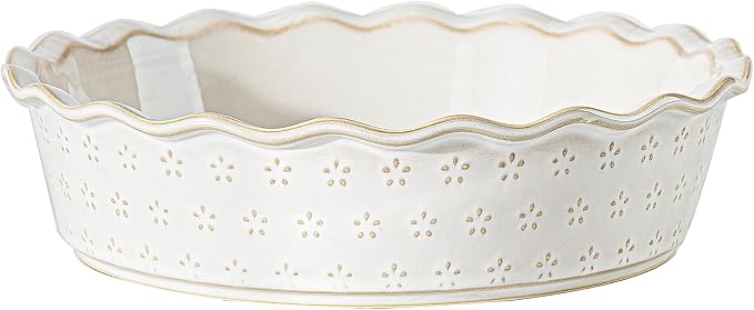 Deep Pie Dish for Baking, Ceramic Pie Pan for Apple Pie, Tart, Quiche Baking Dish, Farmhouse Decor Pie Plate, Deep Dish Pie Pan, Oven Safe, Off-White, Flower
