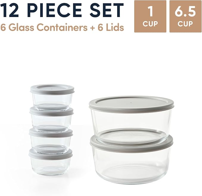 12-Piece Glass Food Storage Containers Set (6 Containers + 6 BPA-Free Lids) | 1-Cup & 6.5-Cup, Leakproof | Microwave, Freezer, Oven & Dishwasher Safe | Ideal for Meal Prep & Pantry Organization, Grey