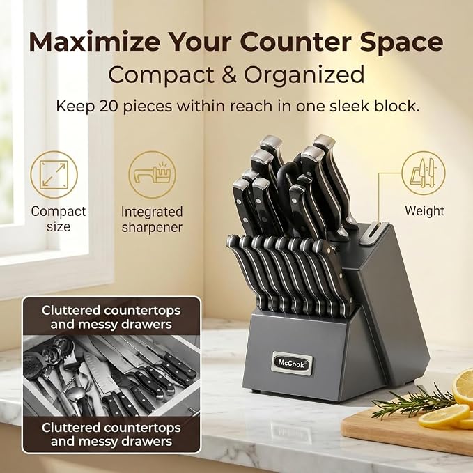 McCook Knife Set Sharp Kitchen Knife Block Set w Built-in Sharpener | German Forged Stainless Steel,20 PC,Anti-Rust,Triple Rivet,Restaurant Grade,Ergonomic Handle,Full Tang,Gift Box