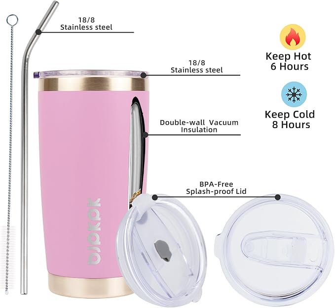 BJPKPK 20 oz Coffee Tumbler with Lid, Straw, Insulated Stainless Steel Mug | Double Wall Vacuum, Keeps Hot/Cold, BPA Free, Leak Proof, Iced Coffee Cup Fit Car Holder, Travel & Beach Ready, Light Pink