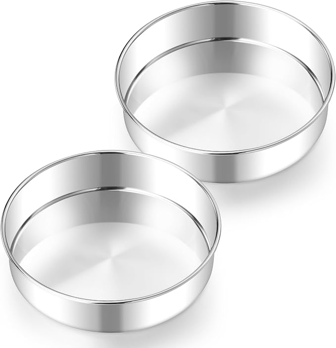 E-far 8 Inch Cake Pan Set of 2, Stainless Steel Round Baking Pans Tins Mold | Non-Toxic & Leak-Proof for Birthday Wedding Layer Tiered Cake, Easy Clean & Dishwasher Safe