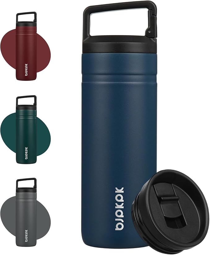 BJPKPK 20 oz Insulated Travel Water Bottle, Coffee Tumbler Stainless Steel | Double Wall Vacuum, Leakproof, Thermal, Keeps Hot/Cold, Dishwasher Safe, Spill Proof, Wide Mouth, 2 Lids, Navy Blue
