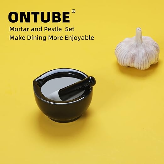 Mortar and Pestle Set (3.2 Inch-Black) | Ceramic stoneware, sturdy, multi-purpose, spice/herb/pill, easy-clean, non-slip, comfy, dishwasher-safe, compact, elegant