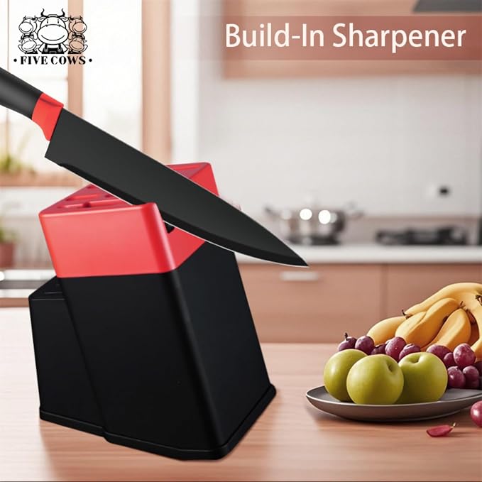 14 Pcs Kitchen Knife Block Set with Sharpener German High Carbon Stainless Steel Chef Knives, Razor-Sharp & Durable, Lightweight Anti-Slip Handle, Professional Set for Home & Kitchen (Red)