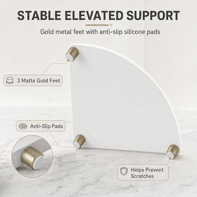 Corner Counter Shelf, Water Absorbing Stone Drying Tray Mat for Kitchen & Bathroom Sink, Diatomaceous Gold Faucet Coaster Soap Dish Rack Riser Dispenser Sponge Holder, White, 8.5" x 8.5"