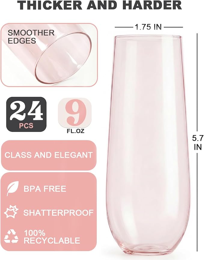 24 Pack Plastic Champagne Flutes, 9 Oz Disposable Wine Mimosa Glasses | Stemless Champagne Flutes Cocktail Glasses, Plastic Party Cups for Bridal Shower Bachelorette Party (Pink)