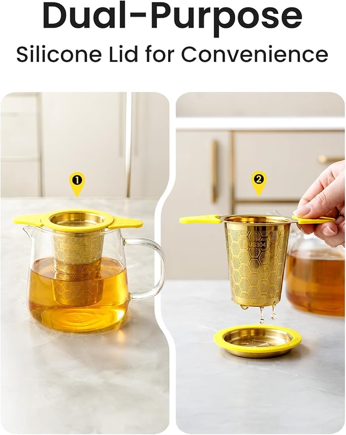 Tea Infuser for Loose Leaf Tea,Stainless Steel Tea Strainer with Silicone Handles,Extra Fine Mesh Tea Strainers for Loose Tea Filter Fine Tea Leaves Effectively,Fits TeaPots/Mugs (Gold)