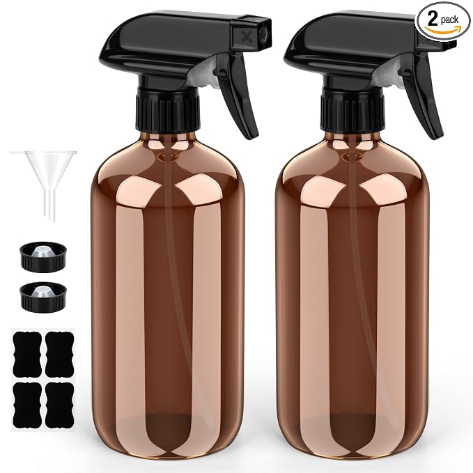 Bontip Glass Spray Bottle 16 oz for Cleaning, Plants (2 Pack, Amber) | Refillable spray bottle Set, BPA-free eco glass, With labels and funnel, Great for cleaners, plant misting, hair care