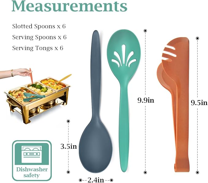 Reusable Plastic Serving Utensils Set of 18, 10" Wheat straw Large Serving set Serving Spoons/Slotted Spoons/Tongs, for Party Buffet Catering (Orange/Blue/Yellow/Green, Not for Cooking)