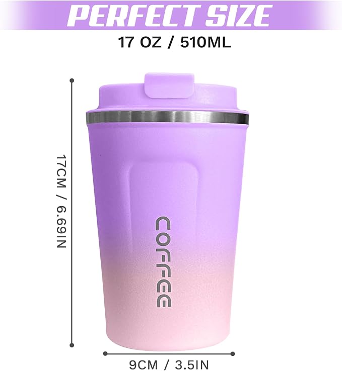 SPLMIFA Travel coffee mugs leak-proof,coffee cups with lids, stainless steel vacuum insulated coffee tumblers, thermal insulation cups for men & women keep drinks hot & cold(2nd-Purple Pink, 17OZ)