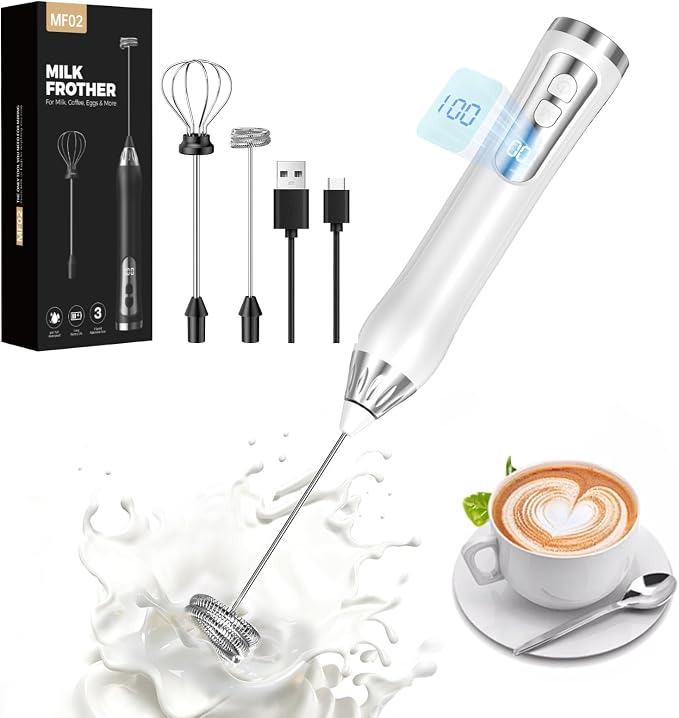 Rechargeable Milk Frother Handheld, IP67 Waterproof Coffee Frother with Digital Battery Display, 3-Speed Electric Milk Frother for Coffee, Latte, Cappuccino, Matcha, Protein Shakes & Eggs (White)
