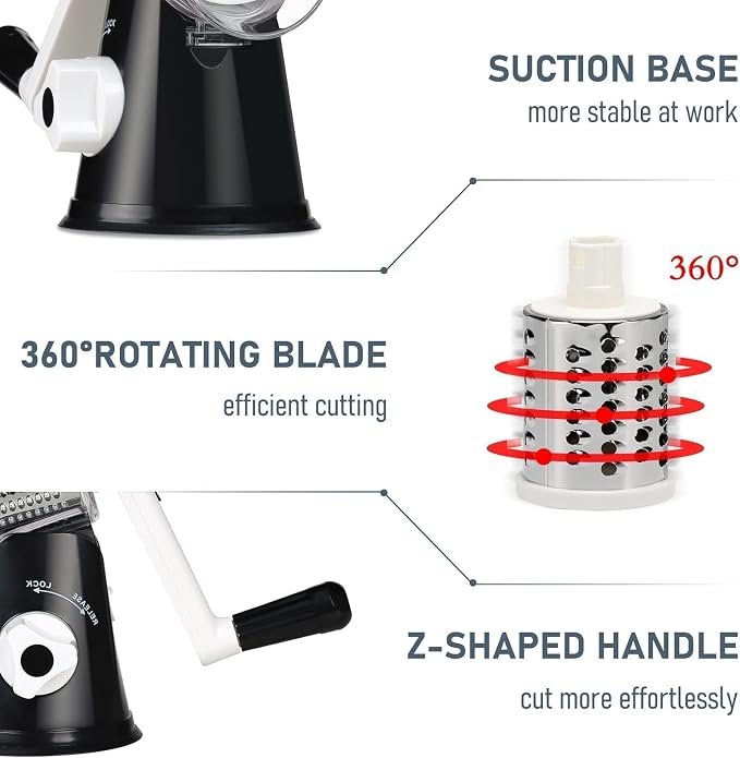Rotary Cheese Grater Hand Crank Black - Shredder Slicer Grinder 3 Stainless Steel Blades, Stable Suction, Labor-Saving Handle, Safe Kitchen Tool for Cheese, Vegetable, Nuts, Chocolate