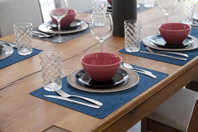 Faux Cotton Linen Placemats Set of 8, Cloth Washable Farmhouse Dining Table Mats for Indoors & Outdoors, Easy to Clean, Navy Blue, 13 x 19 Inch