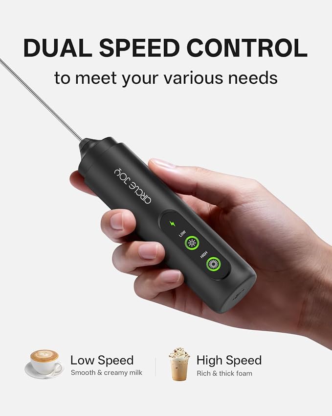 CIRCLE JOY 2-Speed Rechargeable Milk Frother Handheld, Dual Coil Whisk Head Electric Coffee Frother, Portable Hand Frother Wand Drink Mixer for Matcha Lattes Cappuccino, Kitchen Gifts