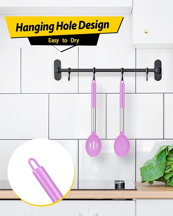 BUNDLEPRO Silicone Cooking Spoons for Non Stick Cookware, 2 Pack, Purple | Heat Resistant, Large Kitchen Spoons for Mixing, Serving, Draining, Stirring