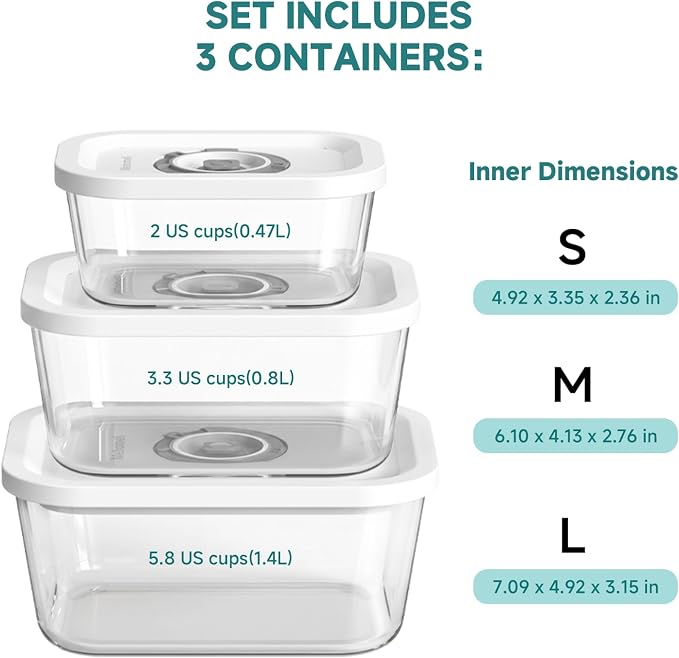 Glass Vacuum Seal Containers, 3-Piece Set, Small Medium Large | BPA-free, Borosilicate Glass, Date-tracking lids, Ideal for liquids and delicate foods, Works with handheld vacuum sealers