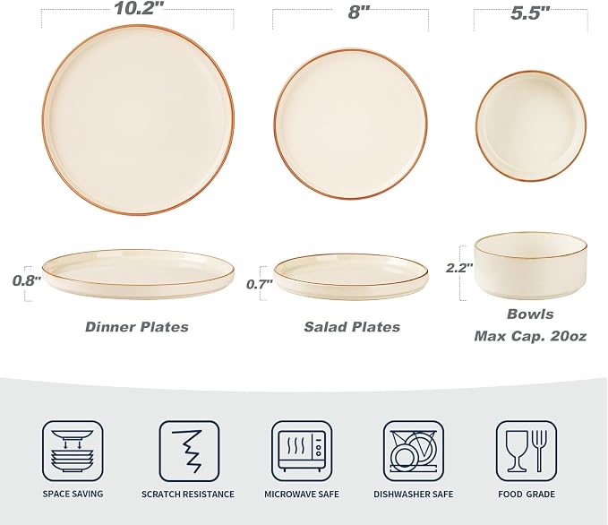 Famiware Nebula 12-Piece Dinnerware Set, Vanilla White with Brown Rim | Stoneware Dish Set for 4, Plates and Bowls, Microwave and Dishwasher Safe, Chip and Scratch Resistant