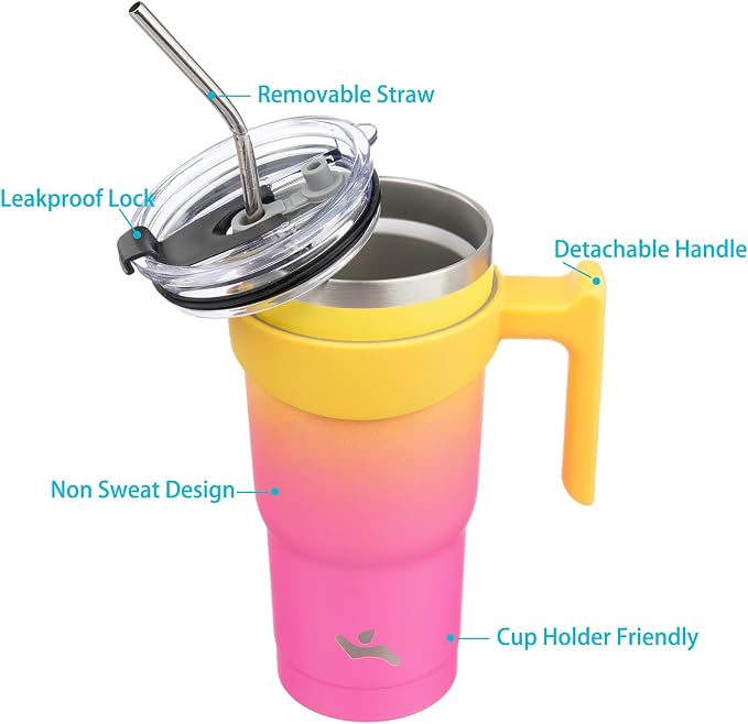 Konokyo 20 oz Tumbler with Handle and Straw, Insulated Travel Mug | Rainbow; BPA-free, leak-proof tumbler with 2 lids, 2 straws, cup holder fit for coffee, office, travel & daily use