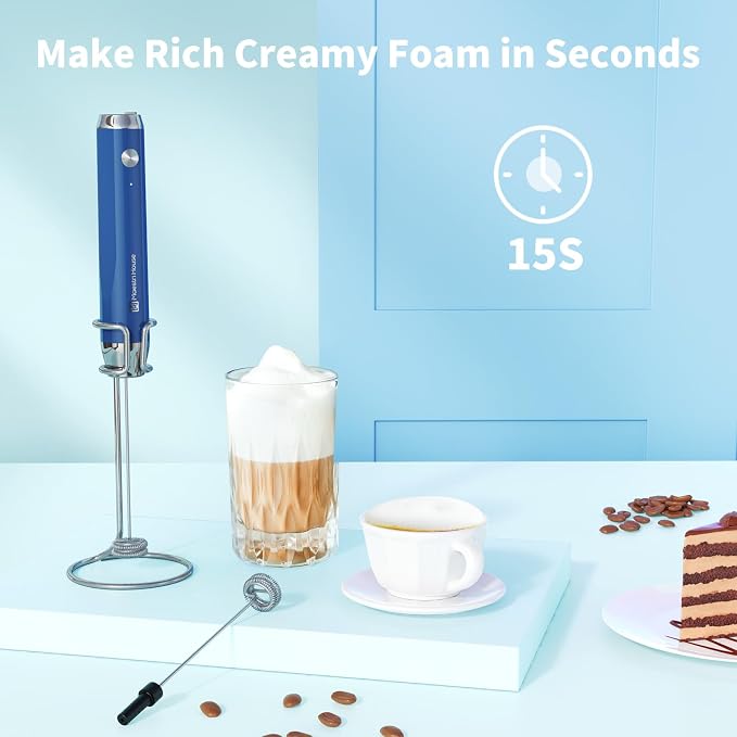 Maestri House LunaFro Rechargeable Milk Frother,Stand & 2 Detachable Whisks | 8000RPM Turbo Motor, 1200mAh lithium battery, Handheld Milk Frother for Lattes, Cappuccino, Matcha & Powdered Supplements