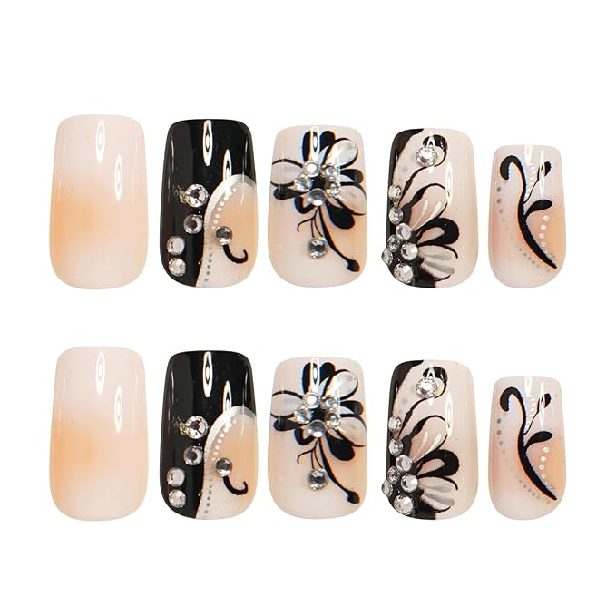 24Pcs Summer Press on Nails Short Square Fake Nails Press ons Nail Art Tips with 3D Rhinestones Design Acrylic Glue on Nails Full Cover Black Butterfly Flower False Nails for Women Manicure