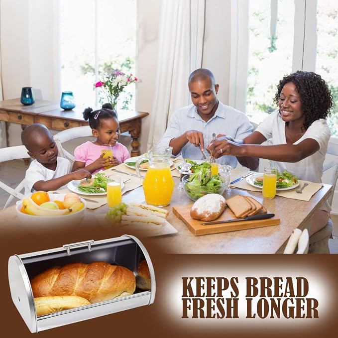 Stainless Steel Bread Box for Kitchen Countertop | Bread Holder Bin, Frosted Acrylic Roll Top Lid