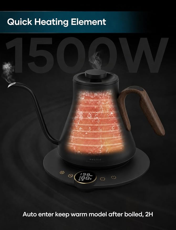 INTASTING Gooseneck Electric Kettle with ±1℉ Temperature Control 0.9 Liter | 1500W Quick Heating, Stainless Steel Inner, Pour Over Coffee & Tea, Keep Warm, Auto Shut-Off, Built-in Brew Timer, Black