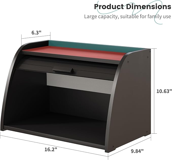 Black Bread Box for Kitchen Countertop, Bamboo Wood Bread Box, Wooden Corner Bread Storage Capacity