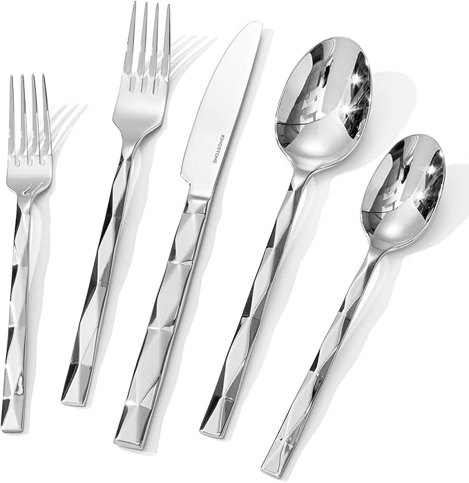 30 Piece 18/10 Silverware Set, Stainless Steel Flatware Cutlery set for 6 | KINGSTONE Luxury Silverware with Diamond Cut Pattern, Mirror Polished Utensils for Kitchen, Wedding, Party, Dishwasher Safe