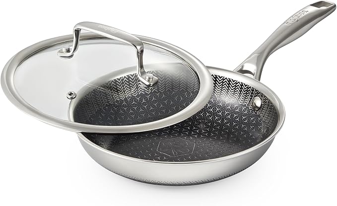 8 Inch Hybrid Nonstick Frying Pan with Lid, Tri-Ply Stainless Steel Pan with Non-Toxic Ceramic Coating, FDA Compliant & PFAS-Free, Dishwasher & Oven Safe, Induction & All Cooktops Compatible