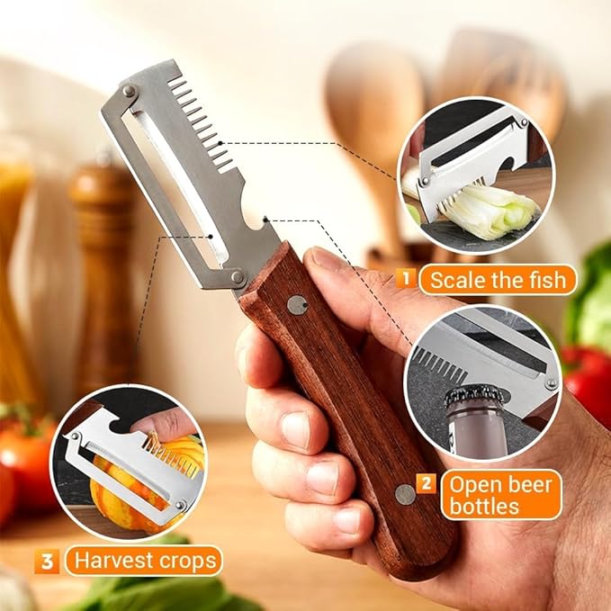 Premium Vegetable Peeler with Wooden Handle and Bottle Opener,Multi-Functional Vegetable Peeler for Kitchen, 2-In-1 Stainless Steel Kitchen Tool, for Fruit Veggie, Includes Bottle Opener (3-In-1)