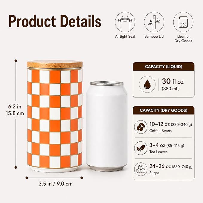Kitchen Countertop Ceramic Checkered Canisters,Black And White Food Storage Containers With Lid,Airtight Kitchen Canisters for Flour, Sugar, Coffee, Tea, and Dry Goods (Orange, Large)