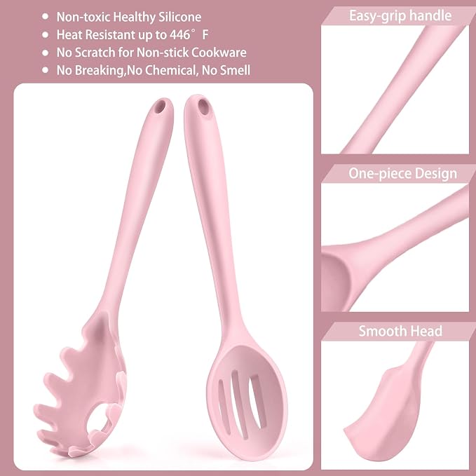 P&P CHEF Pink Kitchen Utensils, Silicone Cooking Utensil Set of 7 | Soft Spatula for Nonstick Cookware, Slotted Turner, Soup Ladle, Pasta Server, Spoon for Cooking, Dishwasher Safe & Heat Proof