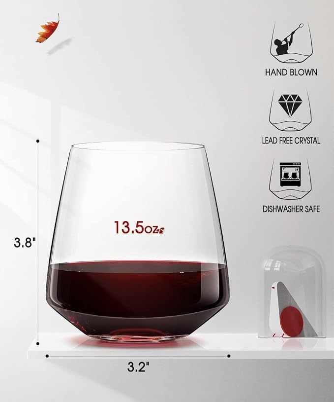 OJA Wine Glasses Set, Crystal Stemless Red Wine Glass, Set of 4, 13.5 oz | Dishwasher Safe, Red White Wine glass, Hand Blown, Unique Gifts for Him Her for Birthday, Wedding, Christmas, Anniversary