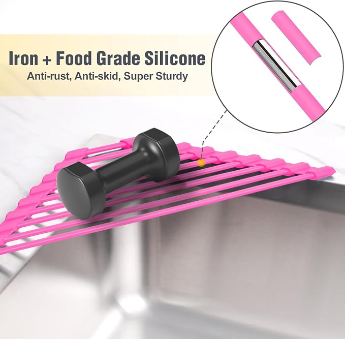 Tomorotec Roll Up Dish Drying Rack with Silicone Coating, Hot Pink | 304 Stainless Steel with BPA-Free Silicone, Triangle Design Maximizes Sink Corner Space, Fits Compact Kitchens And RVs