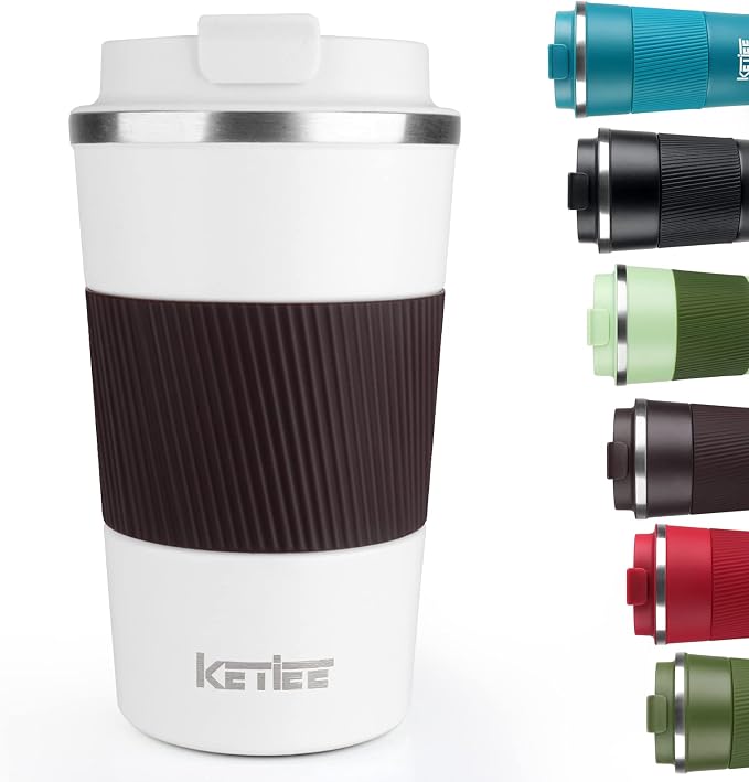 KETIEE Travel Coffee Mug 12oz: Reusable Insulated Coffee Cup with Leakproof Lid, Travel Tumbler, Vacuum Stainless Steel Coffee Mug to Go for Hot/Iced Coffee Tea Water (White)