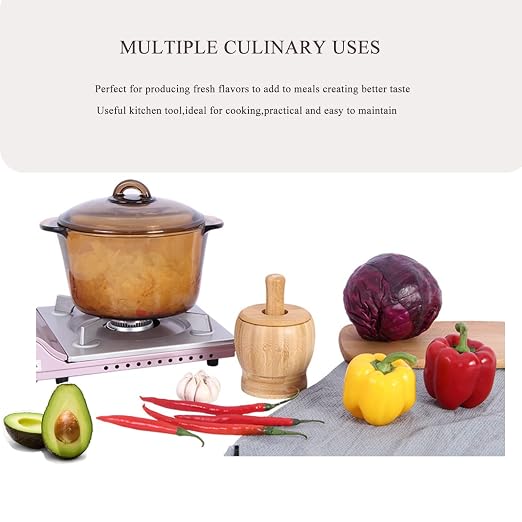 Mortar and Pestle Set with Lid and Spoon, 100% Natura Bamboo Spice Grinder, Crush, Press, Mash Spices, Herbs, Garlic, Pepper, Guacamole, Nuts, Fruit, 4.6 inch Mortar and Pestle Set Bowl for Kitchen