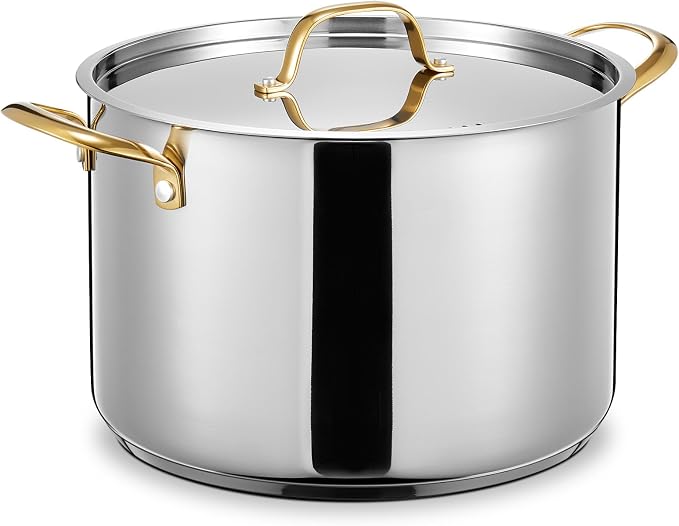 BEZIA 12 QT Stainless Steel Stock Pot, Uncoated Large Soup Pot with Lid | Tri-ply Base for Even Heat, All Stoves Compatible, Oven & Dishwasher Safe, for Seafood Boils, Batch Cooking & Holiday Feasts