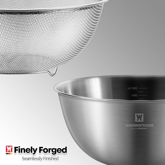 WAGENSTEIGER Stainless Steel Mixing Bowl and 3-Legged Colander Set, Multipurpose Kitchen Basket with Fine Mesh Colander, Salad Mixing Bowl with Strainer, Rinsing Vegetables & Fruits (22cm / 8.66")