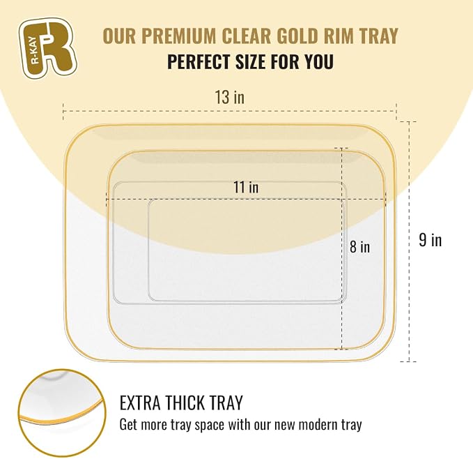 3 Pack Plastic Serving Trays for Party - Gold Serving Tray 8 x 11 Inch - Heavy Duty Dessert Trays for Food - Rectangular Party Serving Trays for Entertaining - Clear Cookie Platters