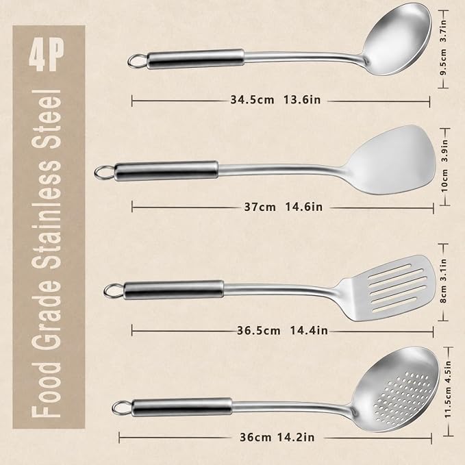 Pleafind Cooking Utensils Set - 4 Pcs Stainless Steel Kitchen Utensils Set with Solid Turner, Slotted Turner, Serving Ladle, Slotted Spoon, Wok Utensils Set with Heat Resistant Handle, Dishwasher Safe