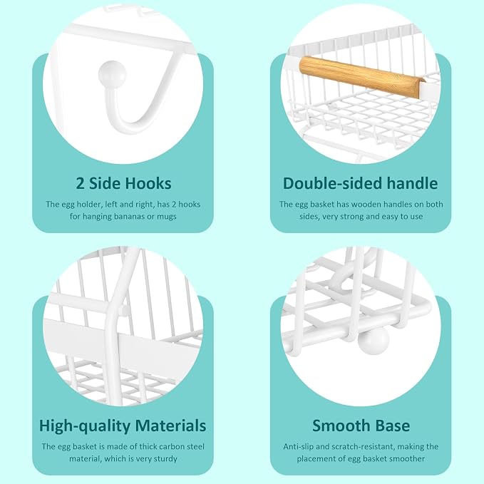 3 Tier Fruit Basket for Kitchen Counter with 2 Banana Hangers, Countertop Metal Fruit Bowl with Wooden Handle, Large Storage Stand for Vegetables, Snacks, Breads, Produce Storage – White