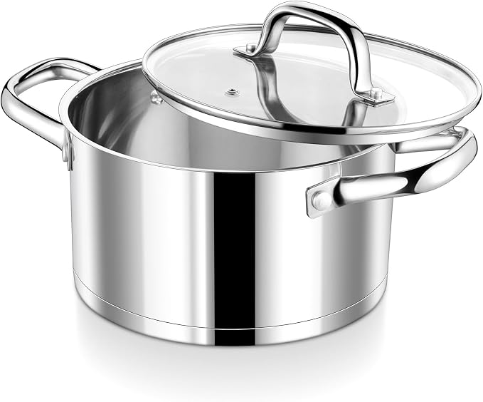 P&P CHEF 5 Quarts Stock Pot with Lid, Stainless Steel Stockpot for Cooking | Cooking Pot for Soup, Pasta, Tri-Ply Bottom for Induction, Gas, Ceramic, Glass Lid & Double Handle, Dishwasher Safe