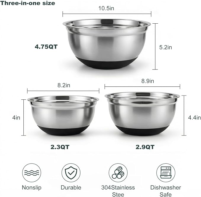 3pk Metal Mixing Bowls Set ，Stainless Steel Prep Bowls– 2.3/2.9/4.75 Qt | With Non-Slip Silicone Base, Nesting Design & Dishwasher Safe for Baking, Meal Prep, Salad Serving & Food Storage