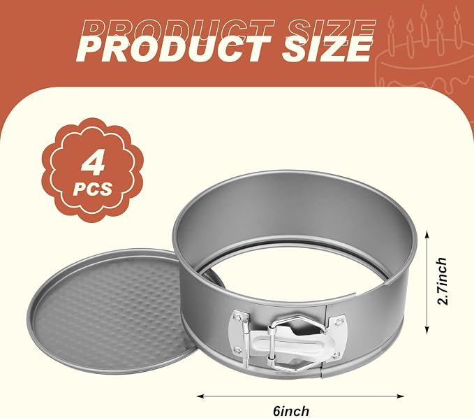 Funnymoom 4 Pcs 6 Inch Non Stick Springform Pan with Removable Bottom Carbon Steel Round Springform Cheesecake Pan with Stainless Steel Spring Buckles for Baking Kitchens Restaurant(Gray)