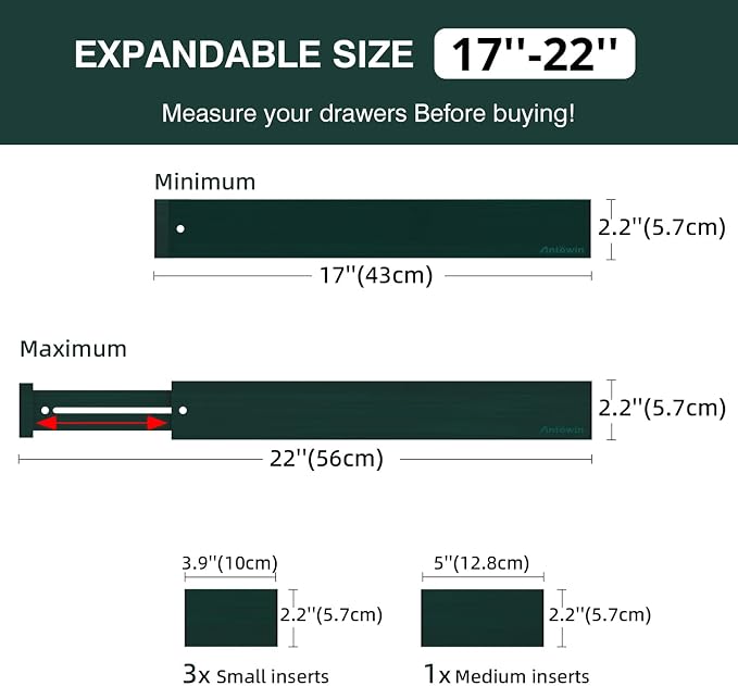Expandable Bamboo Drawer Dividers Organizers, Drawer Separators Splitter,17-22 inches Long Adjustable Spring-loaded Organizer for Large Utensil, Clothes, Tools(Dark Green)