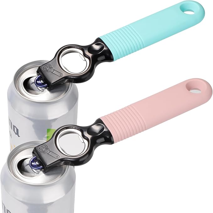 2-in-1 Soda Can Tab & Beer Bottle Opener, Aqua & Pink, 2-Pack | Easy pull tab opener with soft silicone handle protects nails & arthritic hands. Great for bars, picnics, and outdoor events