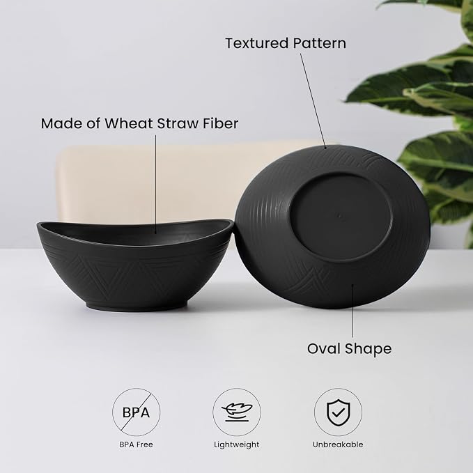 Plastic Bowls 26 OZ, Unbreakable Wheat Straw Bowl 4 PCS, Microwave and Dishwasher Safe Oval Bowls for Serving, Dinner, Lightweight Kitchen Bowl for Soup, Cereal, Fruit - Black