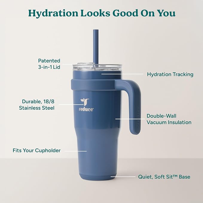 REDUCE 24oz Stainless Steel Tumbler w/Handle - Dishwasher Safe Travel Mug | Dual-wall vacuum insulated, sweat-proof lid, reusable straw, keeps drinks cold for 24 hrs, fits cupholders, Mineral Blue